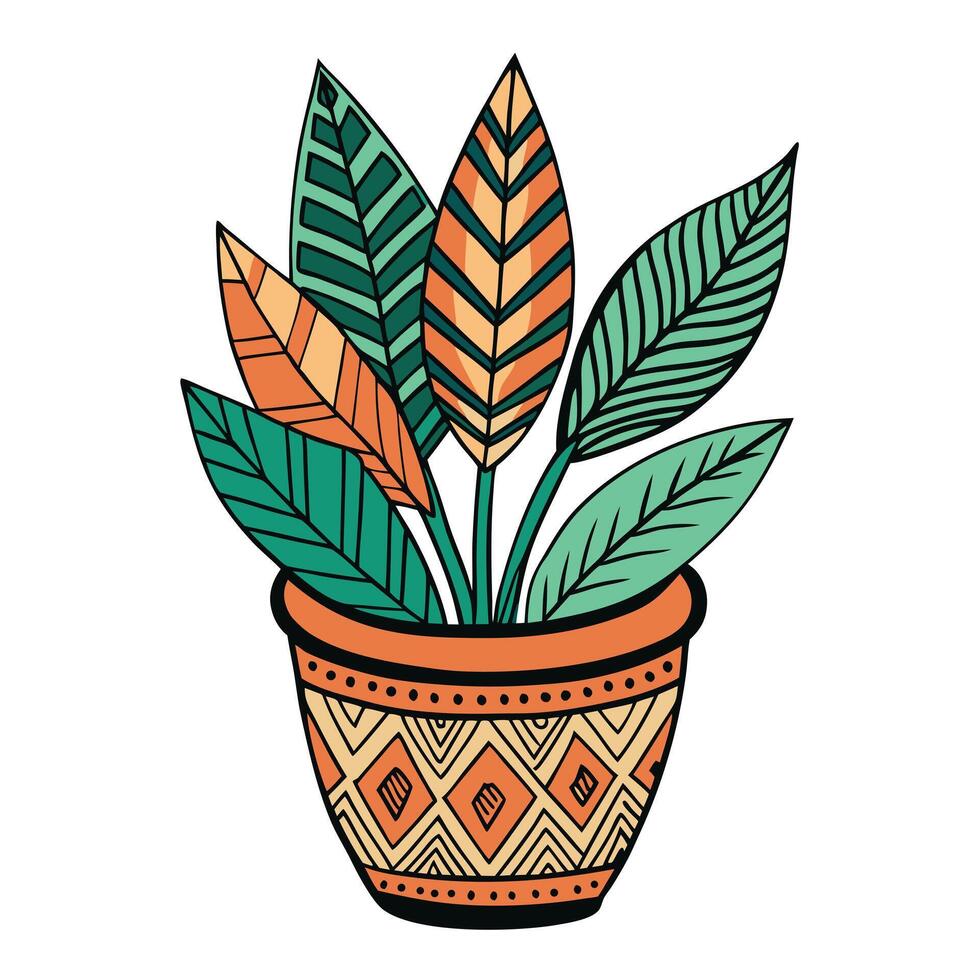 Stylish Hand-Drawn Boho Pot Featuring Natural Patterns vector