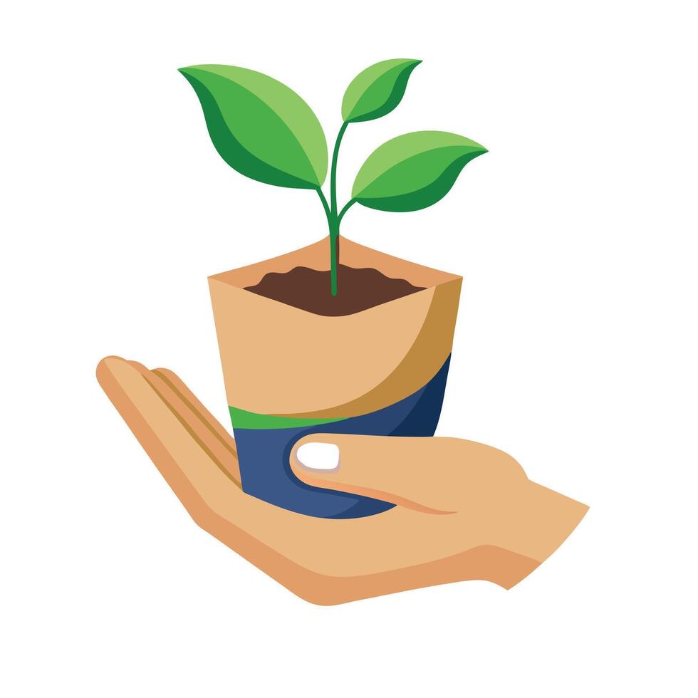 Hand Holding A Seedling In A Recyclable Paper Pot vector