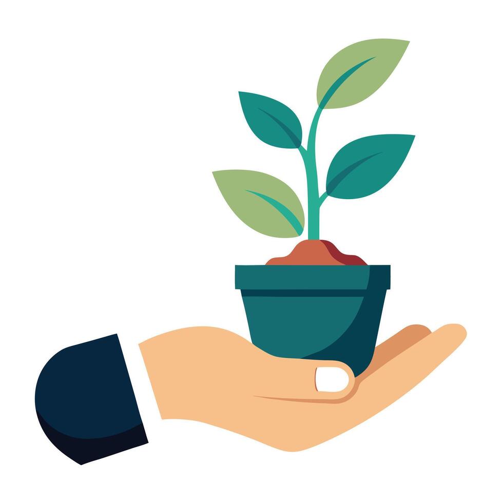 Hand Holding A Tiny Sprout In A Mini Pot vector