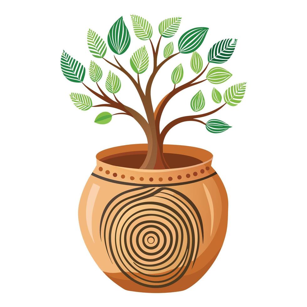 Charming Handmade Clay Pot Featuring Fingerprints And Flora vector