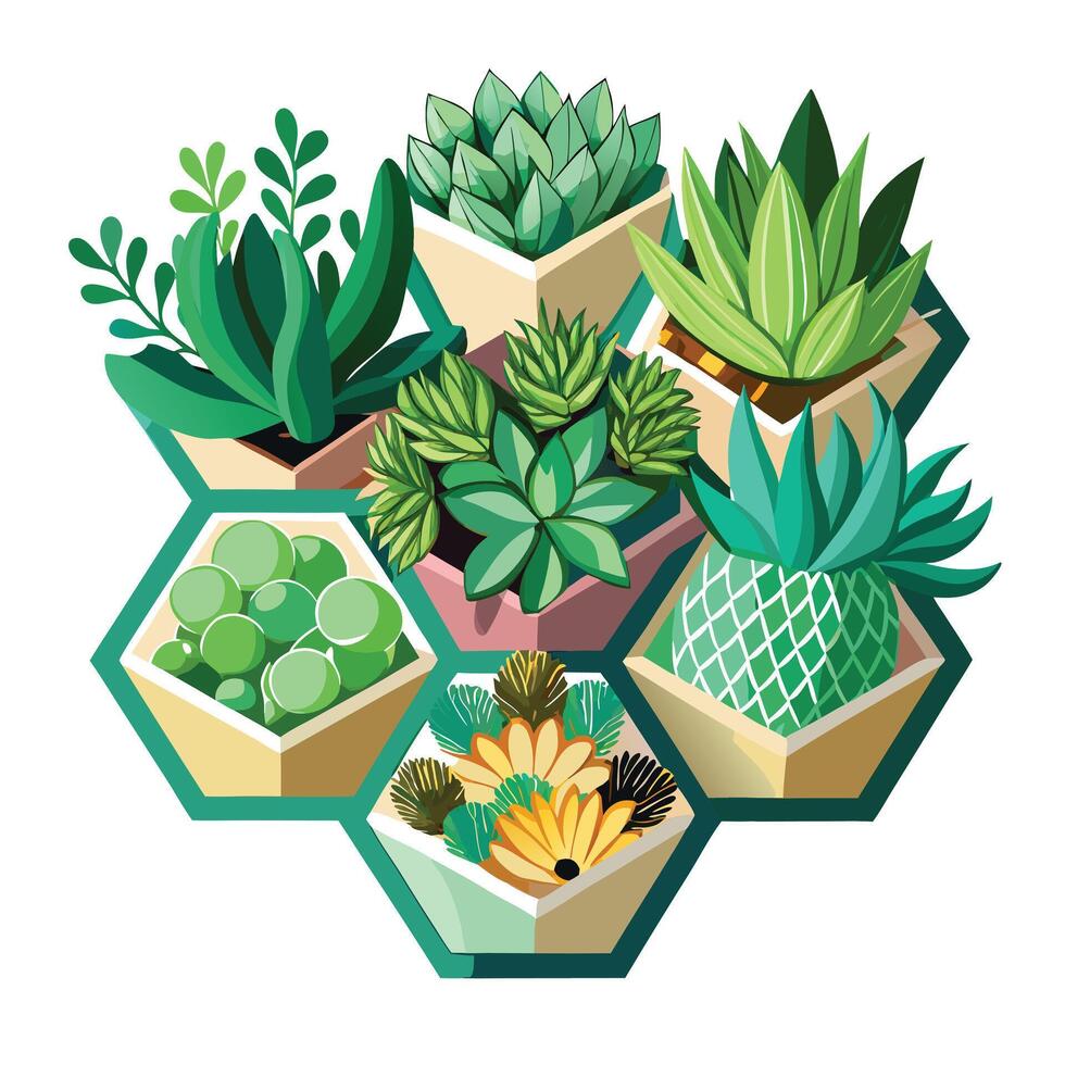 Creative Hexagonal Wall Planter With Beautiful Succulent Display vector