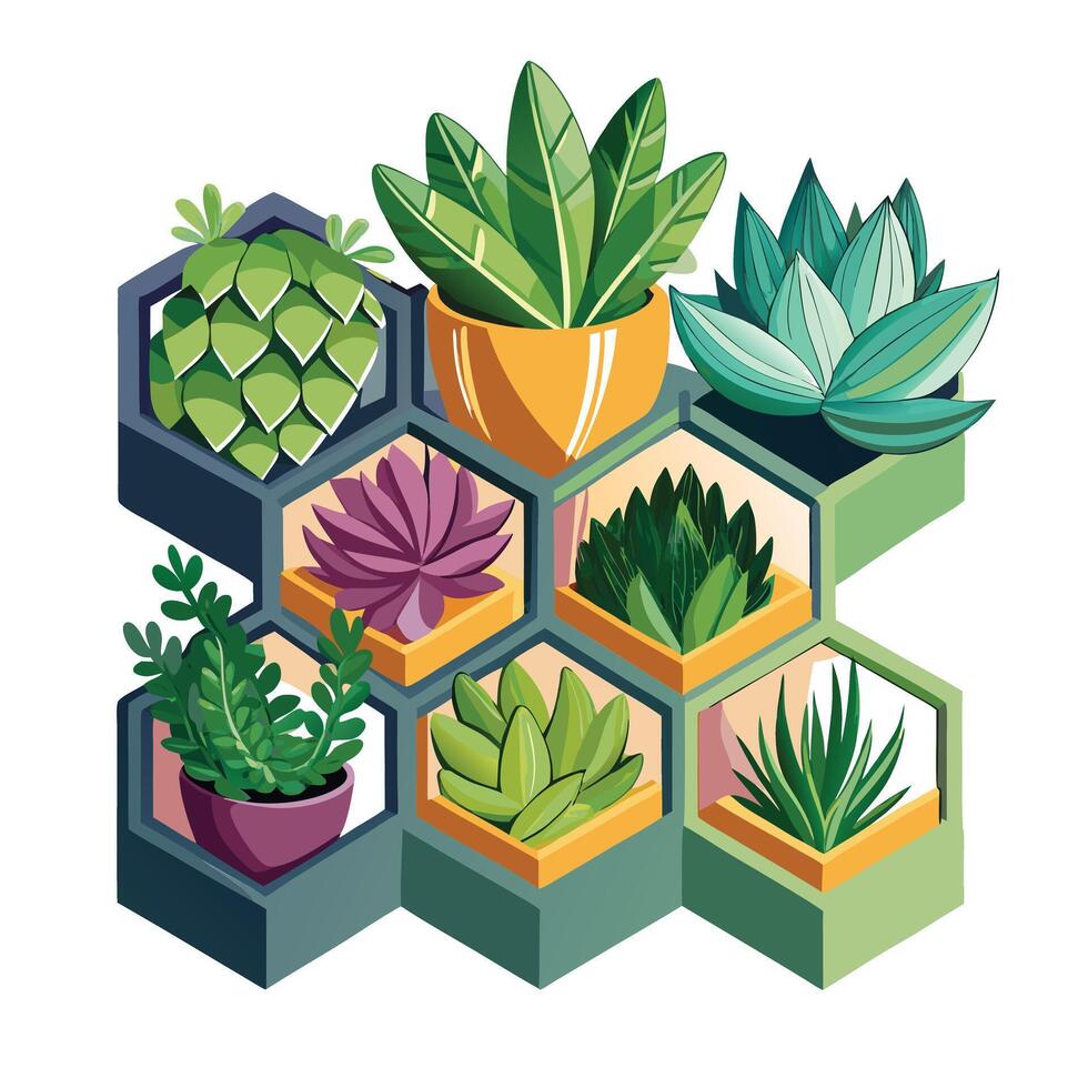 Charming Hexagonal Wall Planter Featuring Succulents vector