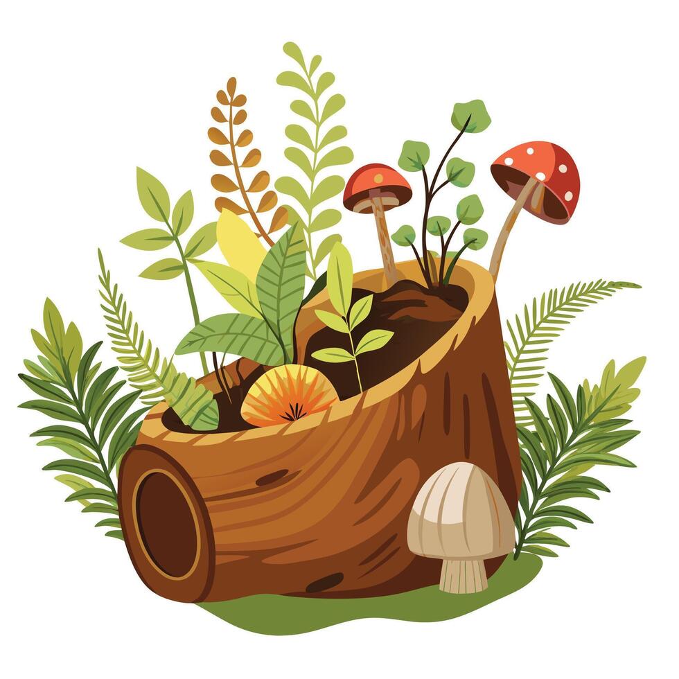Charming Log Planter Featuring Mushrooms And Ferns vector