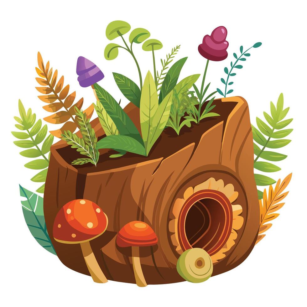 Creative Hollowed Log Planter Adorned With Ferns vector