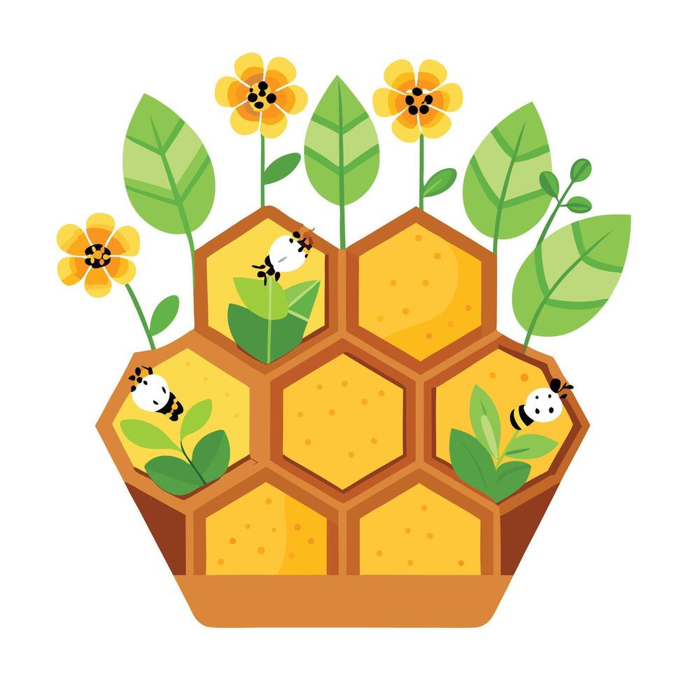 Charming Honeycomb Planter Featuring Bees And Blooms vector