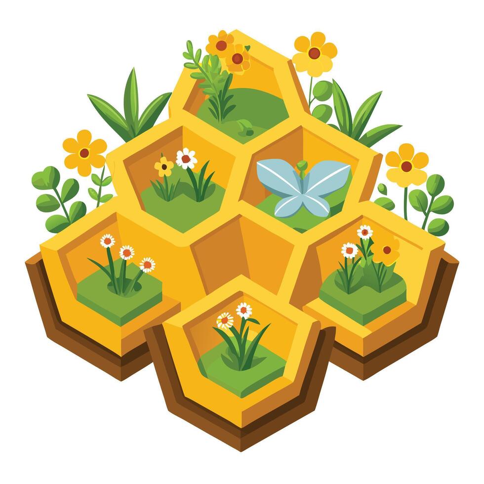 Honeycomb Wall Planter With Bees And Small Flowers vector