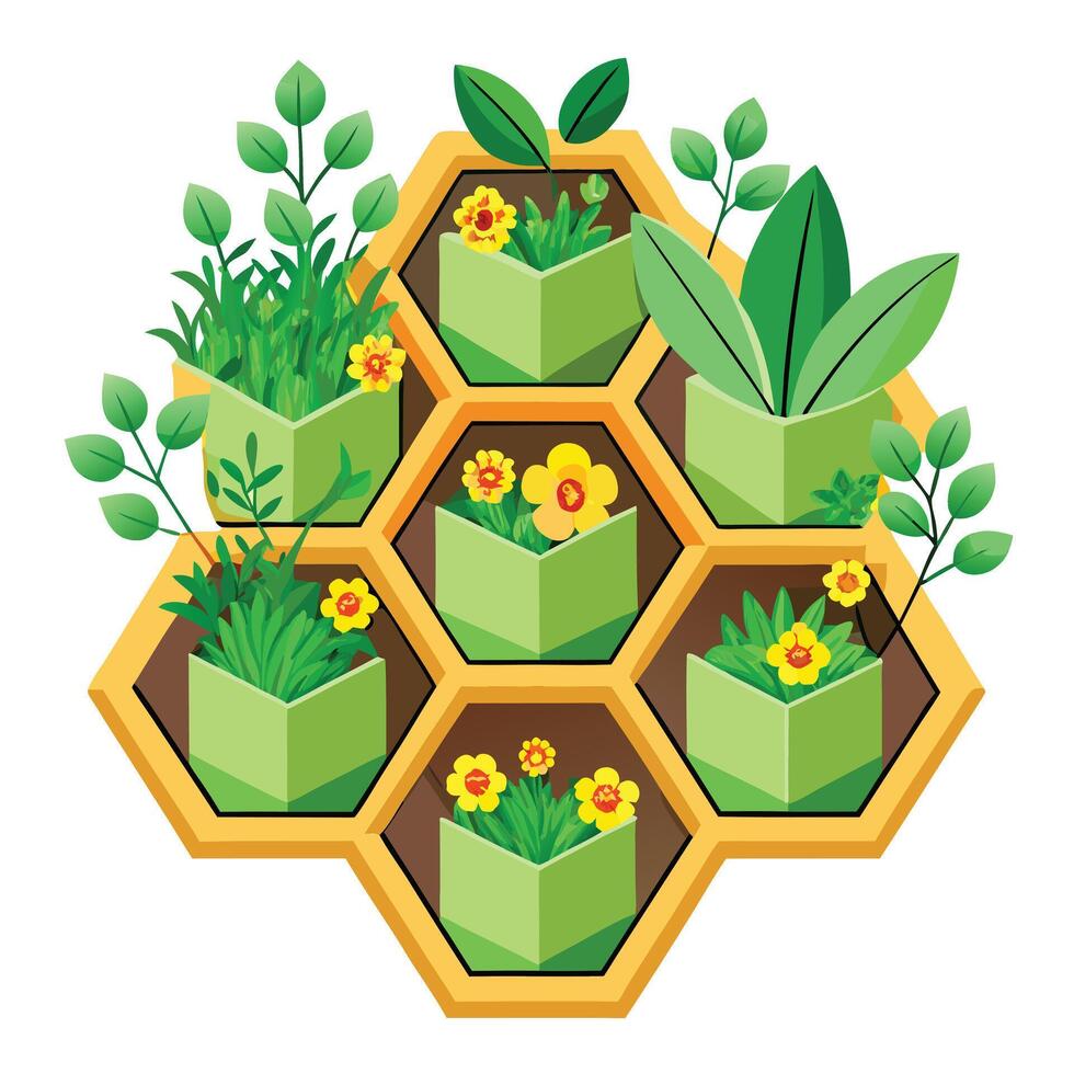 Unique Honeycomb Planter Showcasing Bees And Flowers vector