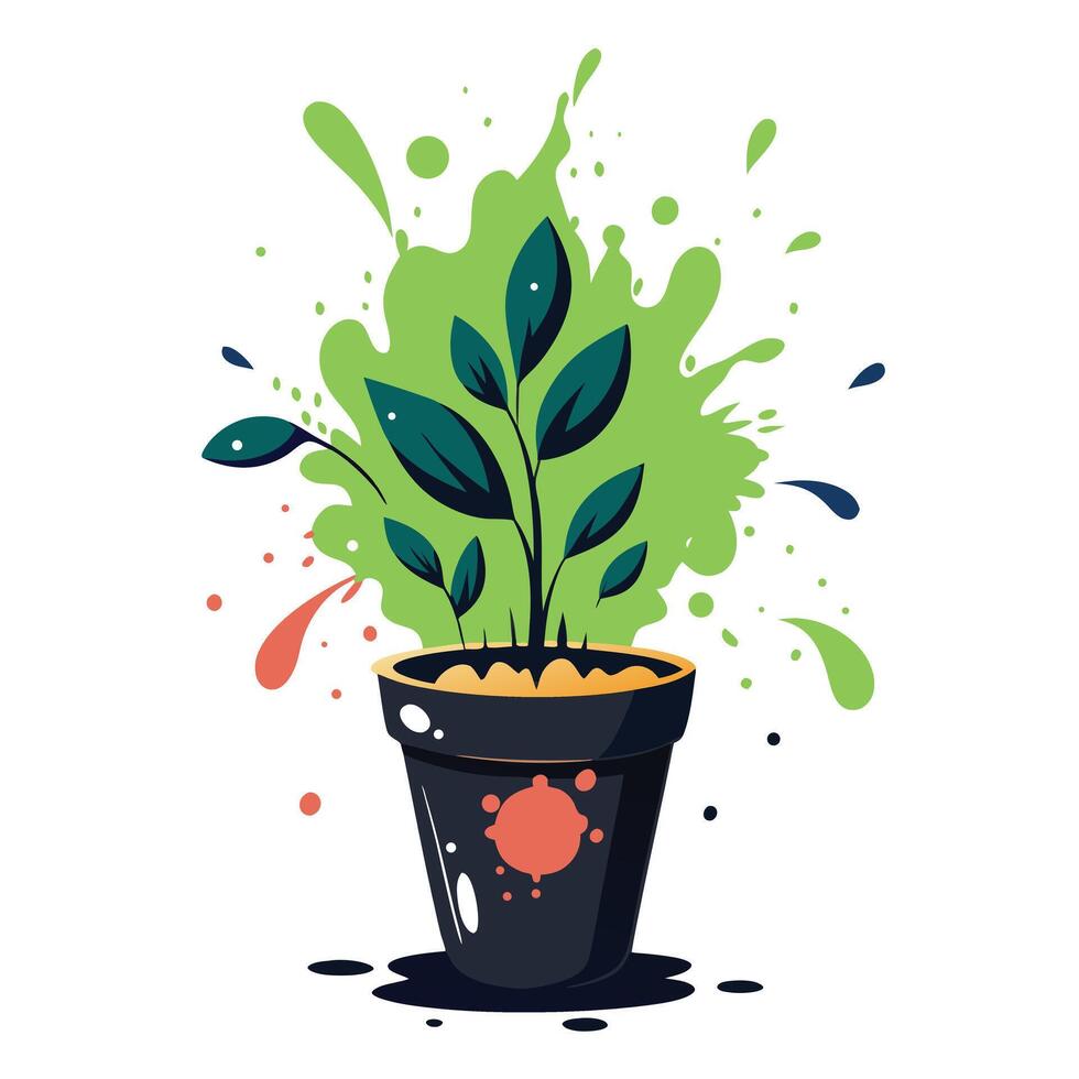 Ink Splash Planter With Leaves That Look Like Brush Strokes vector