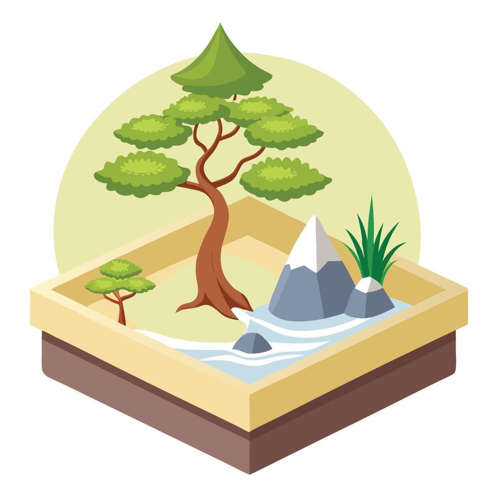 Creative Japanese Zen Planter Featuring A Tiny Bonsai Tree vector