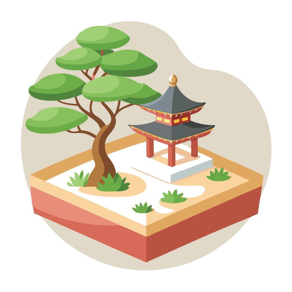 Japanese Zen Garden Planter With A Tiny Bonsai vector