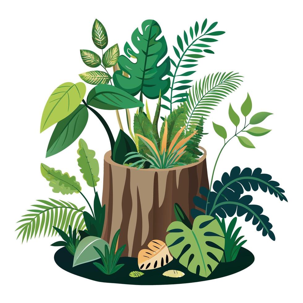 Unique Hollow Tree Stump Showcasing Lush Jungle Plants vector