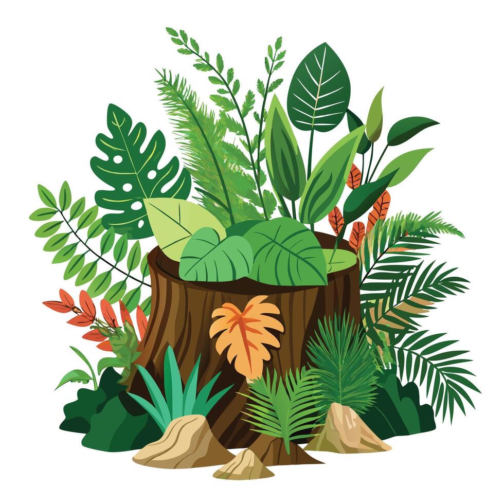 Creative Hollow Tree Stump Planter With Jungle Plants vector