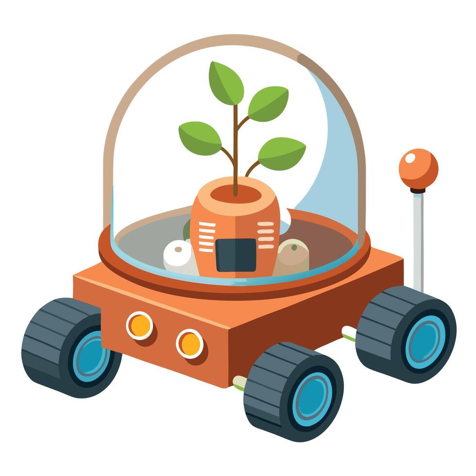 Unique Mars Rover Showcasing A Tiny Glass Dome Plant vector