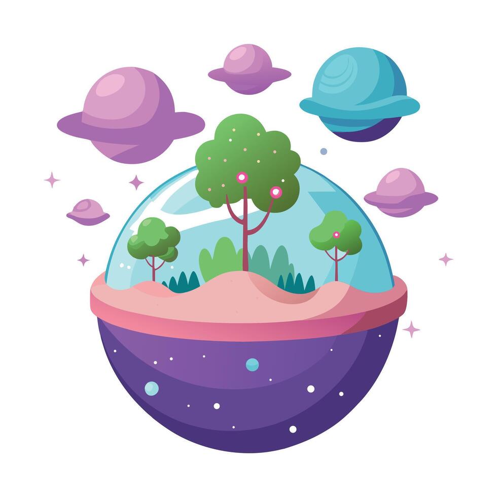 Mini Planet Planter With Tiny Trees And Clouds Orb vector