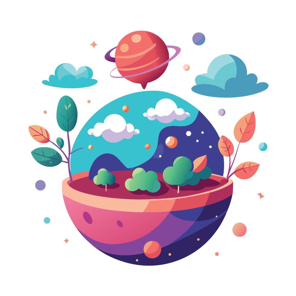 Unique Mini Planet Planter With Cloudy Trees Inside vector