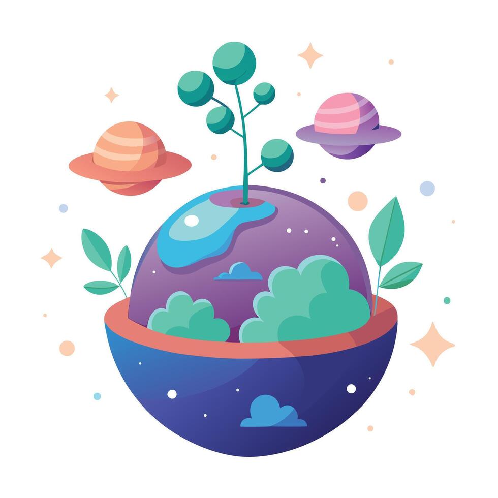 Creative Mini Planet Planter Showcasing Tiny Trees vector
