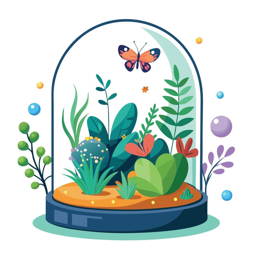 Mini Terrarium With An Ecosystem Of Small Plants vector
