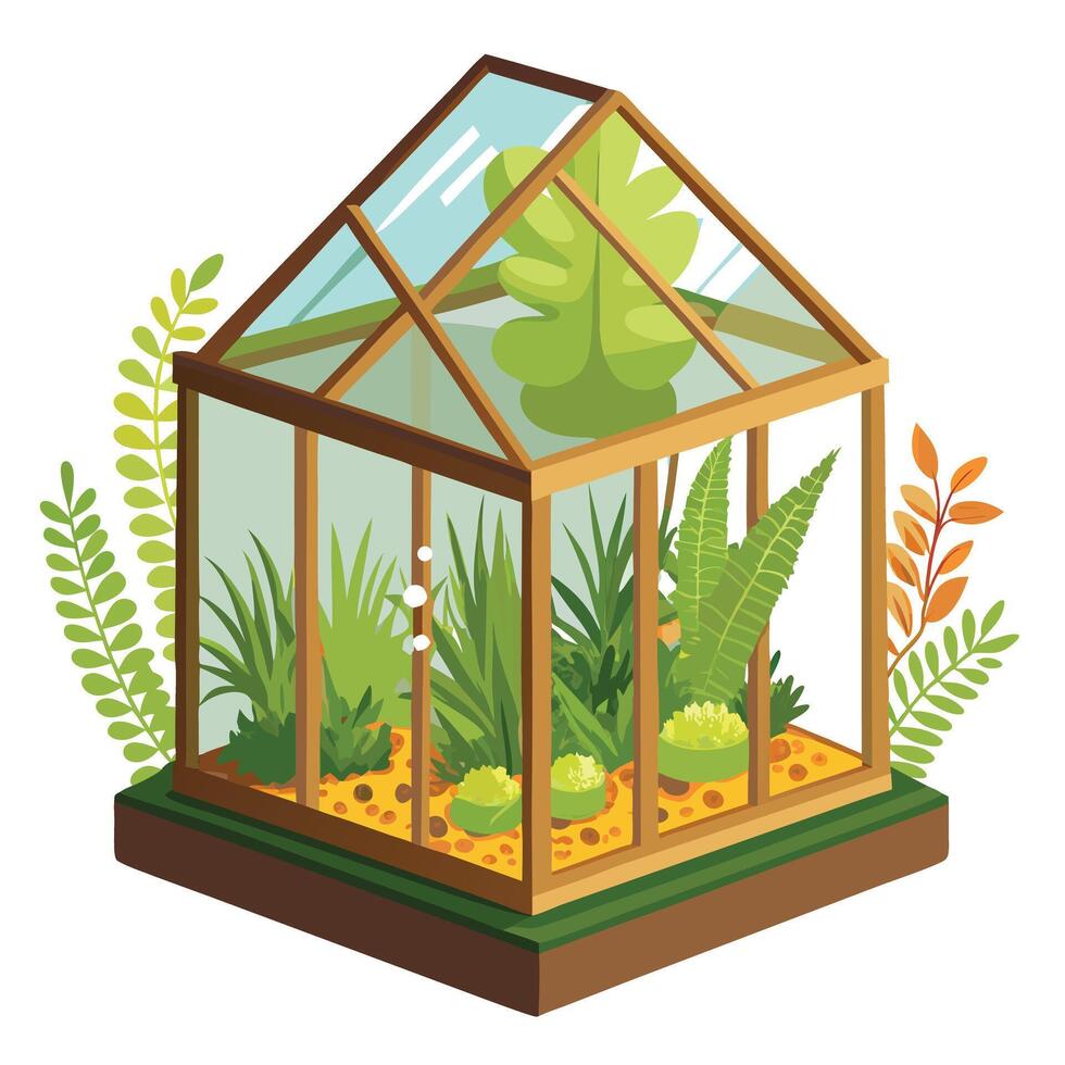 Charming Greenhouse Planter Featuring Moss And Ferns vector