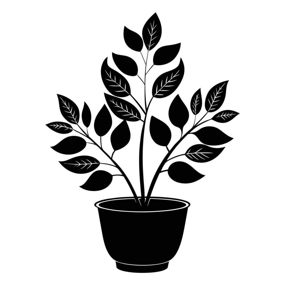 Charming Leafy Plant Silhouette In A Textured Pot vector