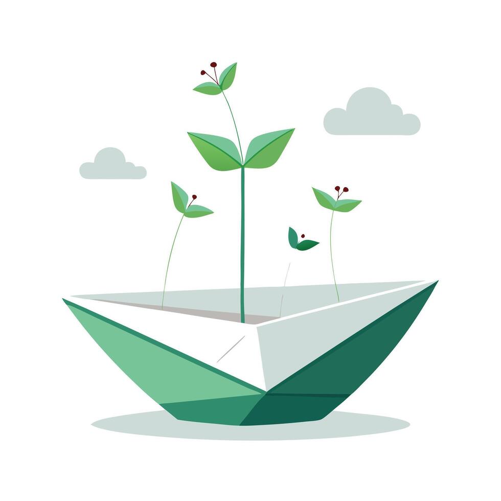 Unique Origami Paper Boat Planter Showcasing Tiny Floating Plants vector
