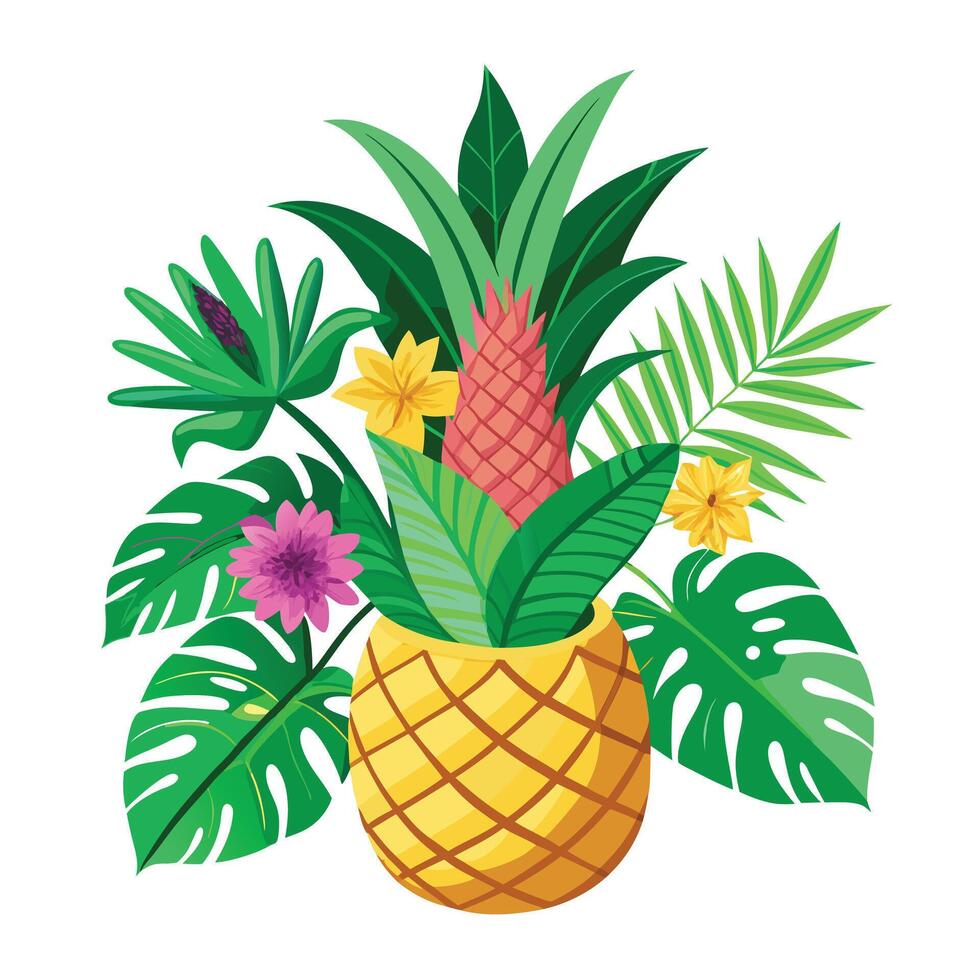 Charming Pineapple Planter Featuring Tropical Plants vector