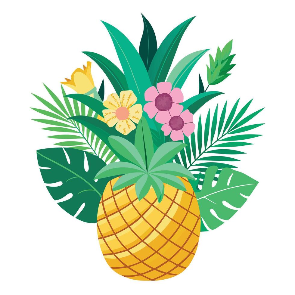 Creative Pineapple Planter With Tropical Plants Design vector