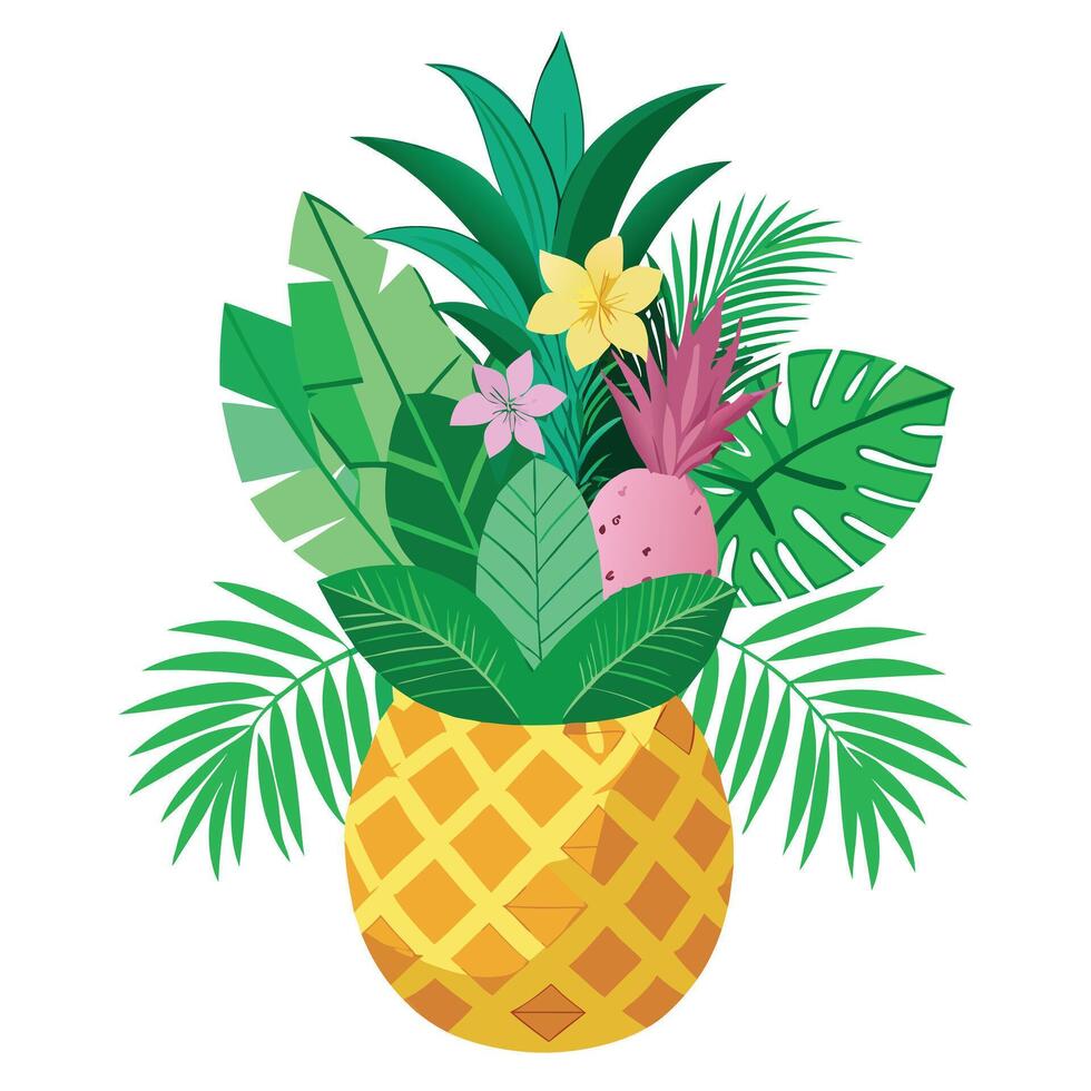 Pineapple Planter With Tropical Plants vector
