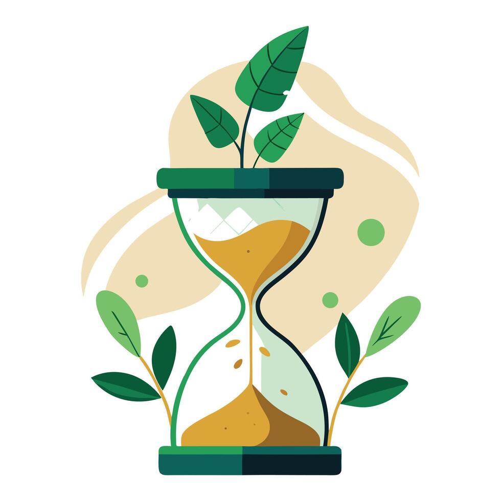 Creative Plant Growing From A Floating Hourglass Where Time Stands Still Design vector