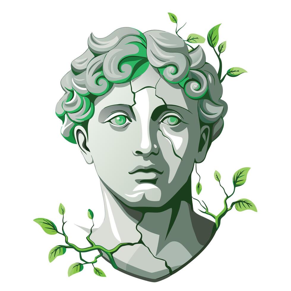 Charming Plant Growing Out Of A Cracked Marble Statue Head vector