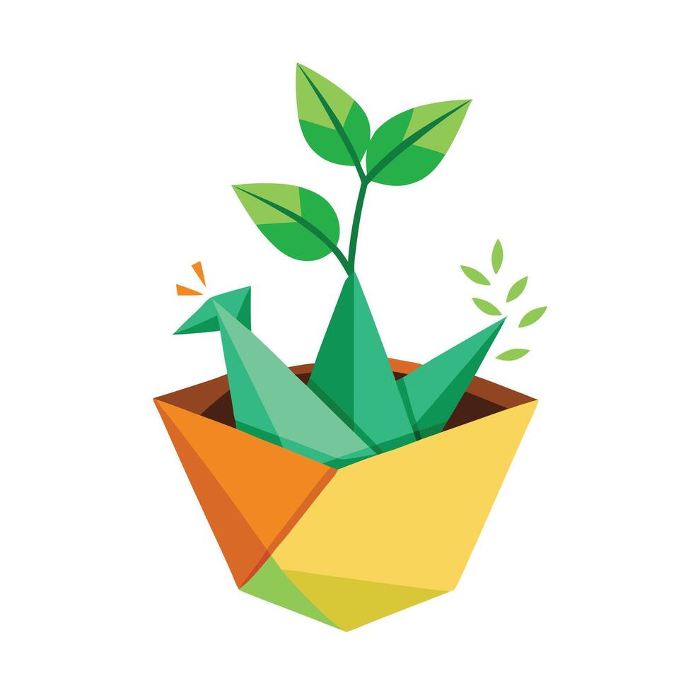 Charming Plant Sprouting From A Folded Paper Origami Pot vector