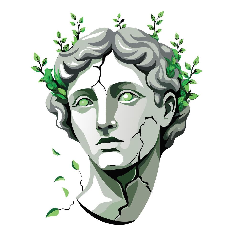 Unique Plant Growing Out Of A Cracked Marble Statue Head vector