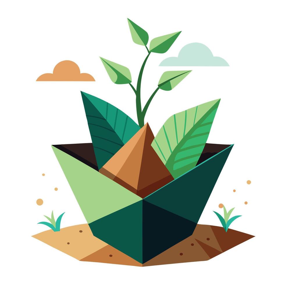 Unique Plant Sprouting From A Folded Paper Origami Pot vector