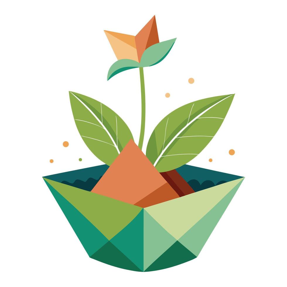 Creative Plant Sprouting From A Folded Paper Origami Pot Design vector