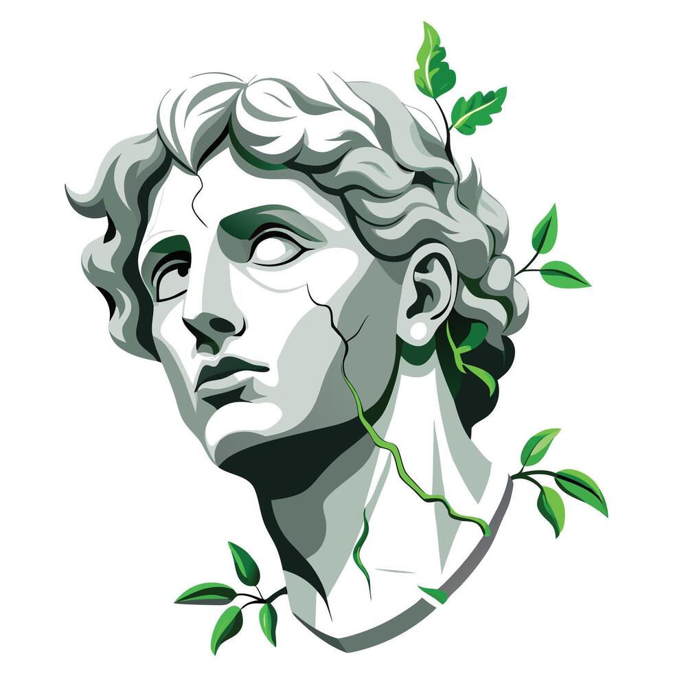 Creative Plant Growing Out Of A Cracked Marble Statue Head Design vector