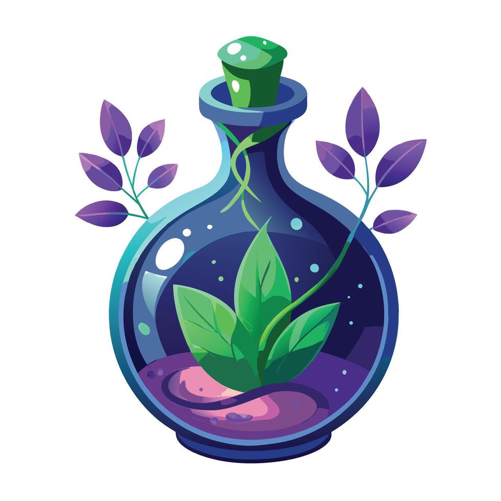 Charming Potion Bottle Planter Featuring A Glowing Fantasy Plant vector