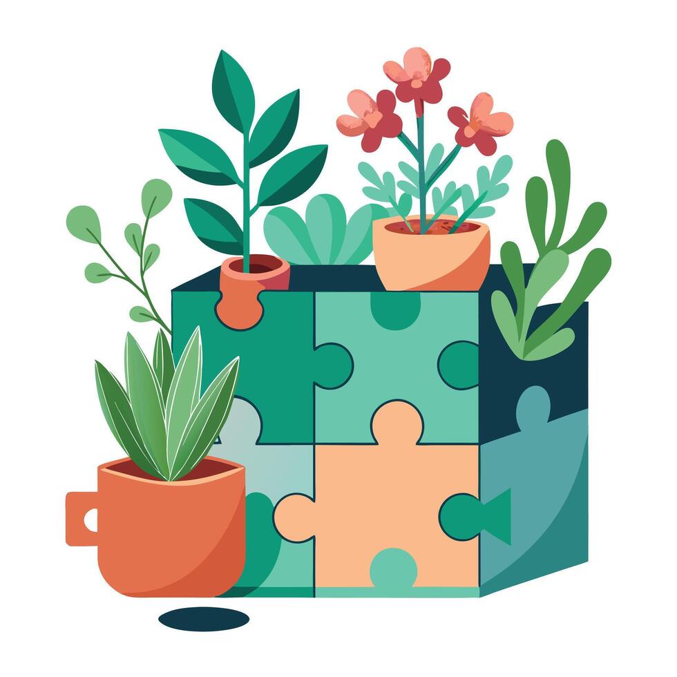 Charming Puzzle Piece Planter Featuring Plants Growing From The Pieces vector