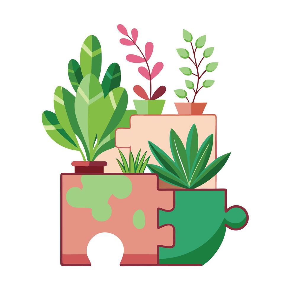 Unique Puzzle Piece Planter Showcasing Plants Growing From The Pieces vector