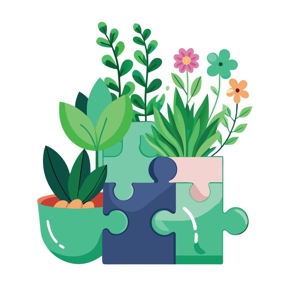 Creative Puzzle Piece Planter With Plants Growing From The Pieces Design vector