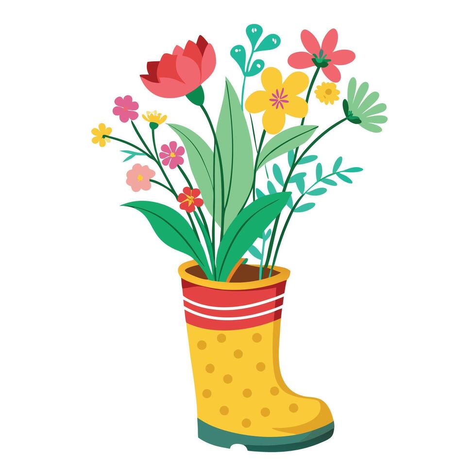 Charming Rain Boot Planter Featuring Fresh Flowers Blooming From The Boot vector