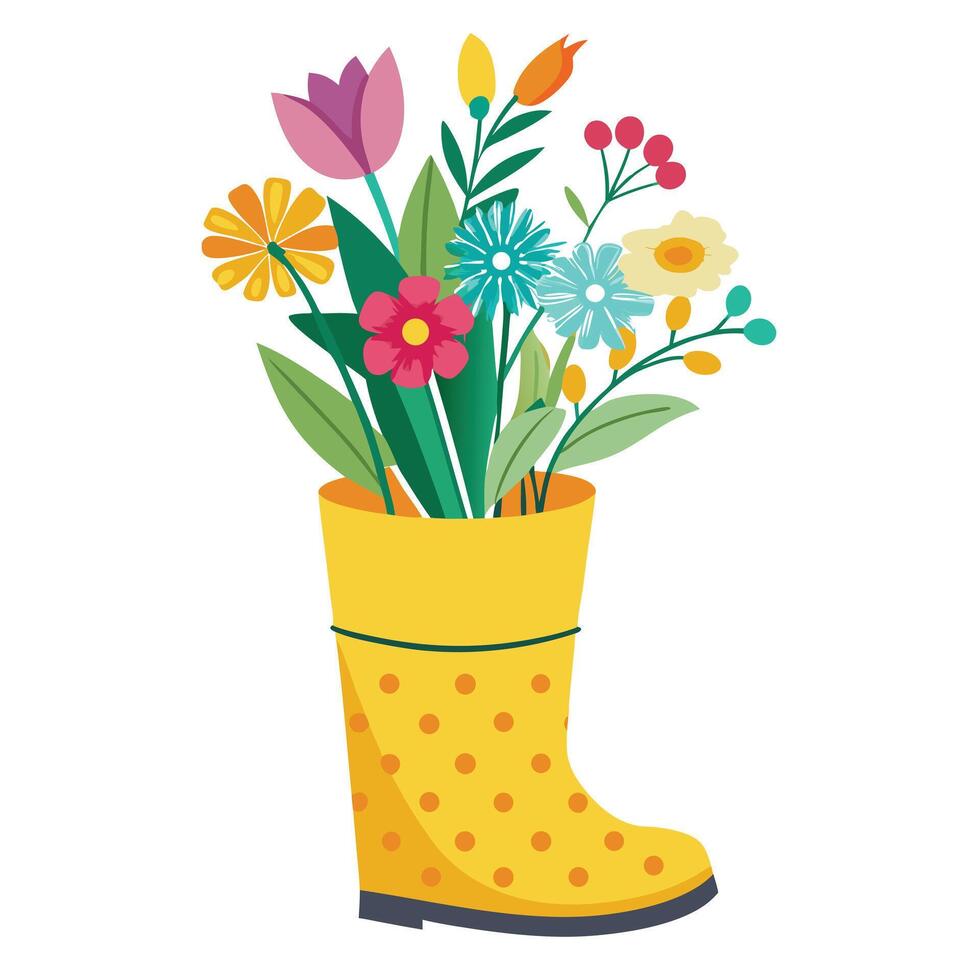 Creative Rain Boot Planter With Fresh Flowers Blooming From The Boot Design vector