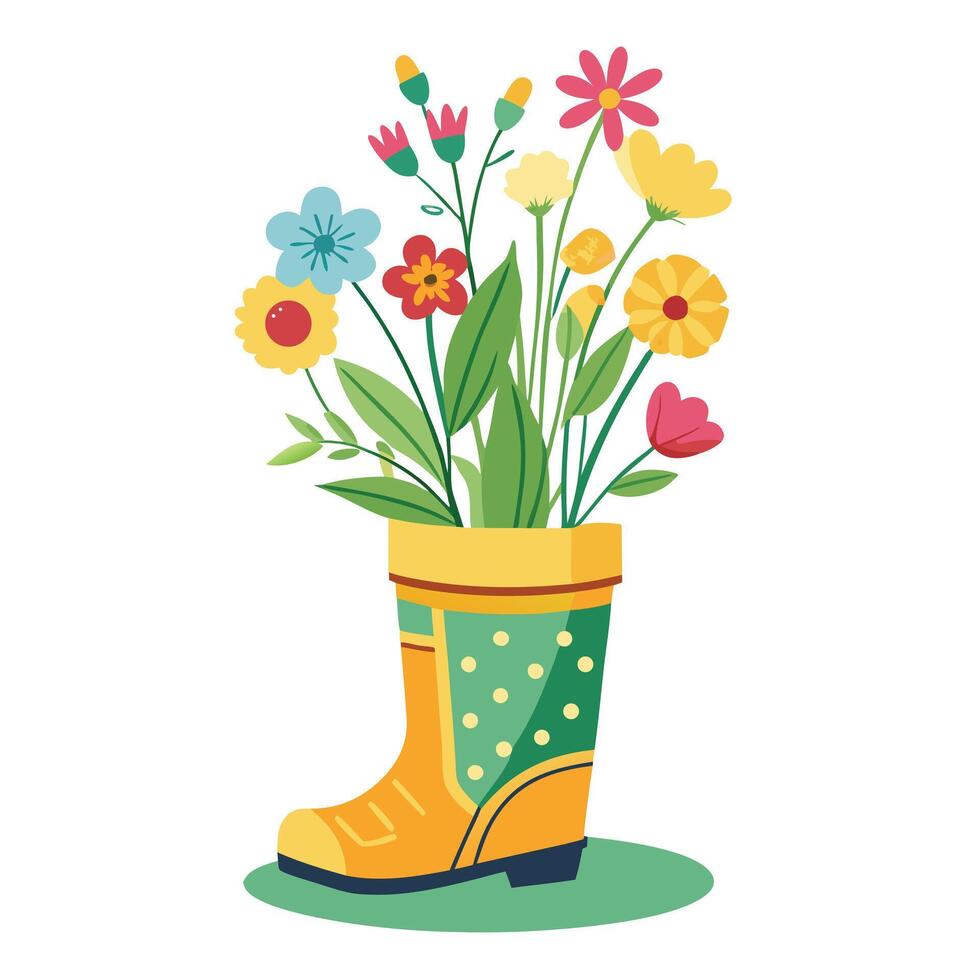 Unique Rain Boot Planter Showcasing Fresh Flowers Blooming From The Boot vector
