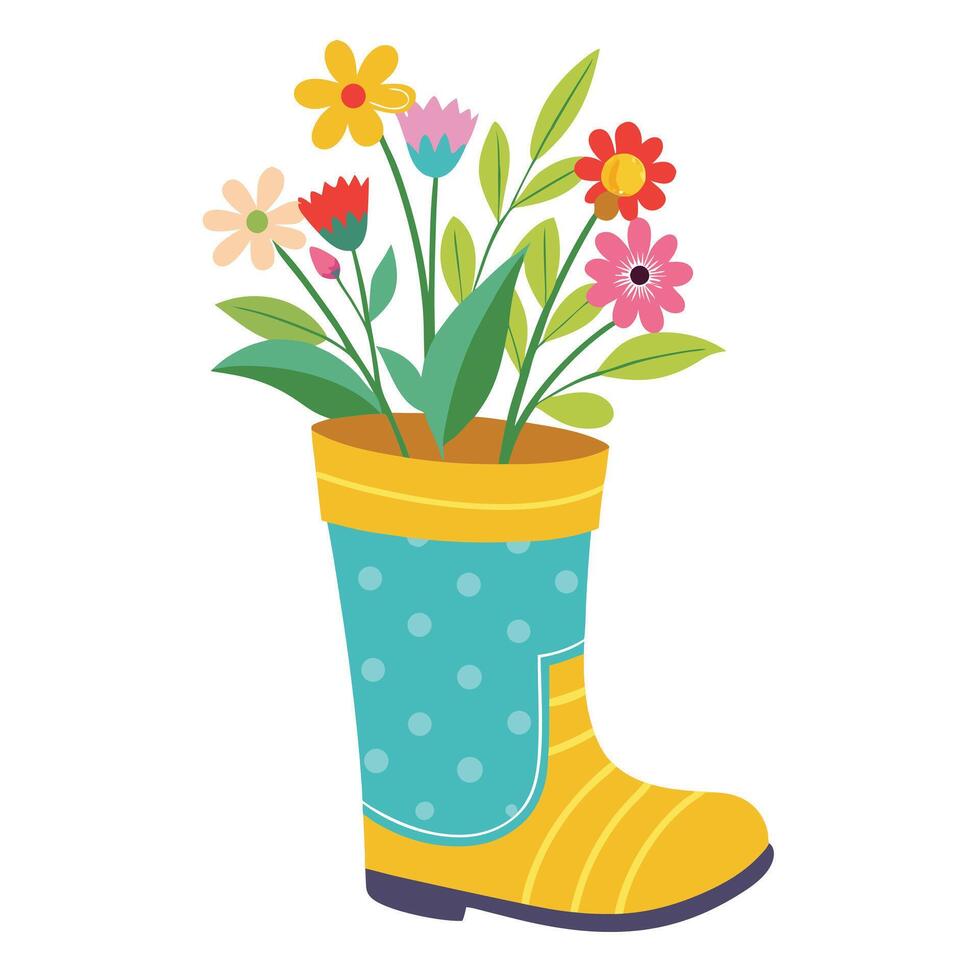Rain Boot Planter With Fresh Flowers Blooming From The Boot vector