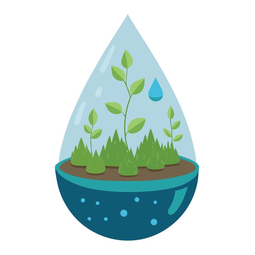 Raindrop Shaped Planter With Water Droplets And Moss vector