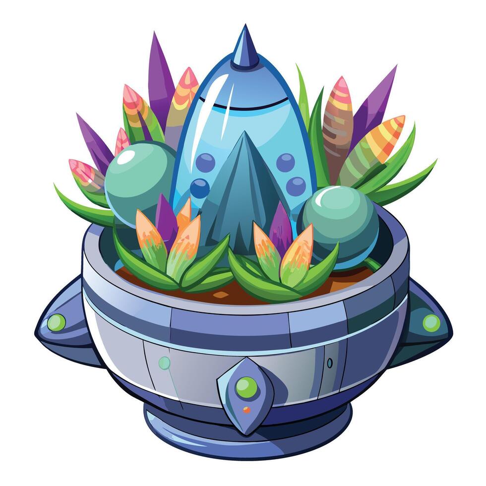 Charming Rocket Shaped Planter Featuring Alien Succulents vector