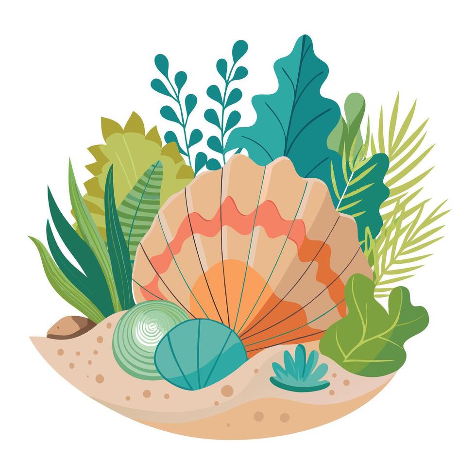 Seashell Planter With Small Beach Plants vector