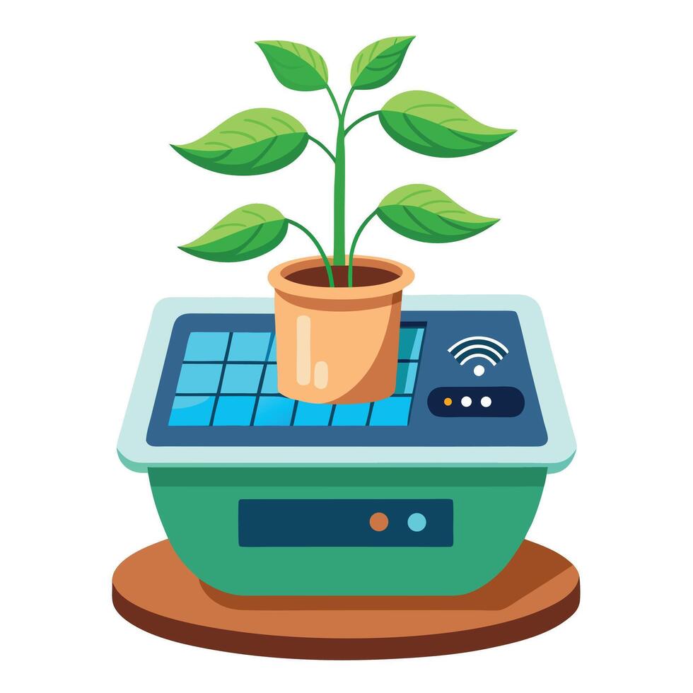 Charming Solar Powered Smart Planter Featuring A Digital Screen vector