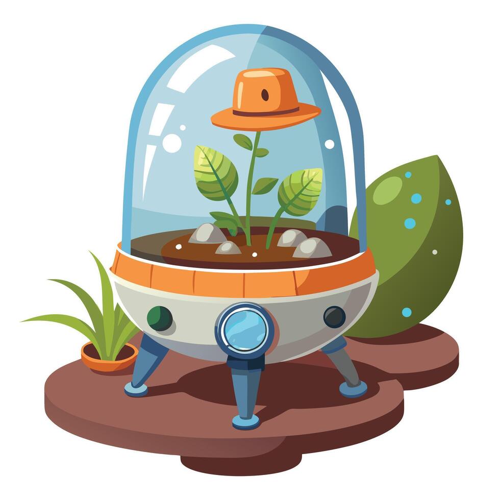 Space Capsule Planter With A Mini Ecosystem Growing Inside vector
