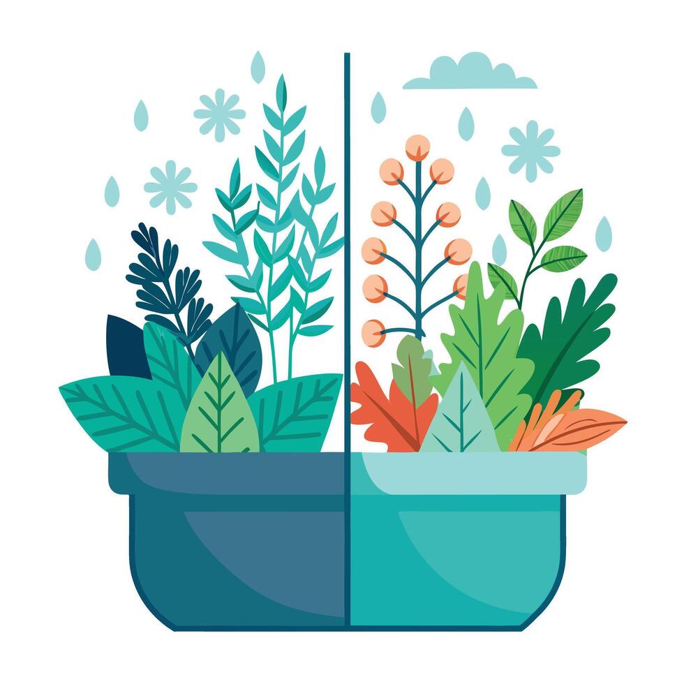Charming Split Color Planter Featuring Opposite Season Plants On Each Side vector