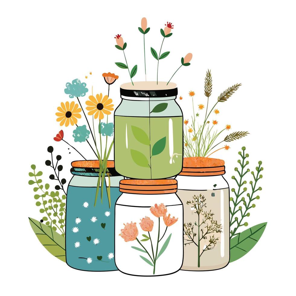 Charming Stacked Mason Jars Planter Featuring Wildflowers vector