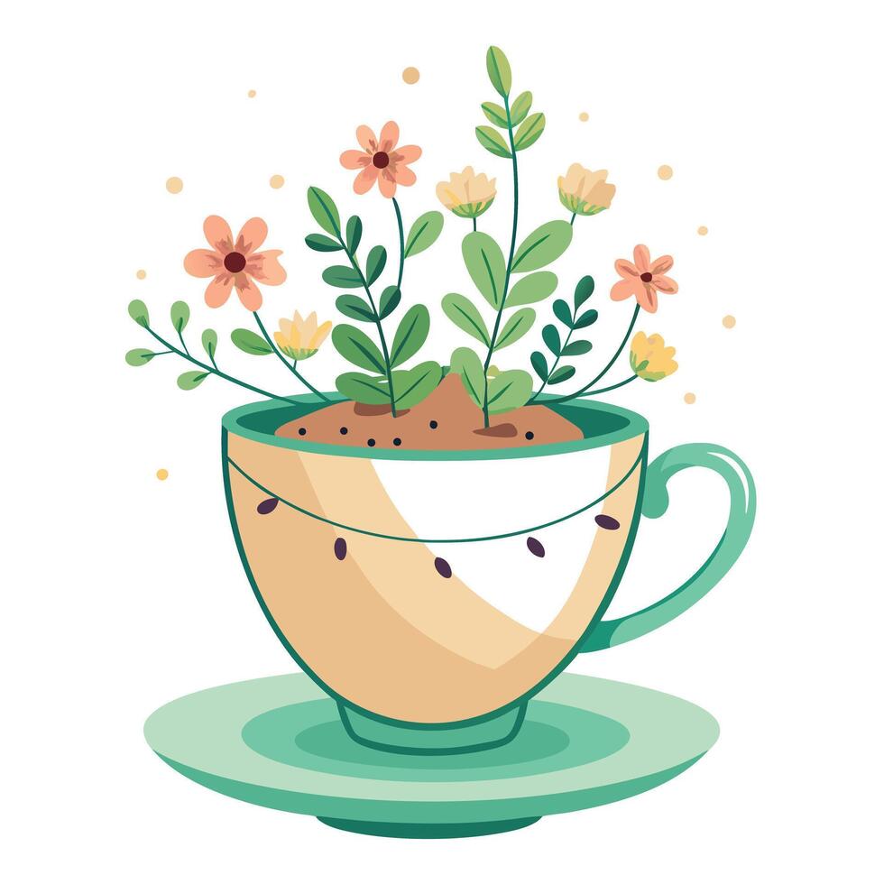 Creative Tea Cup Planter With Tiny Flowers Blooming Inside Design vector